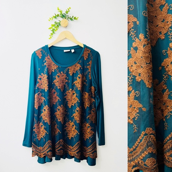 LOGO Lavish By Lori Goldstein Teal Lace Overlay Lagenlook Blouse - Picture 1 of 9